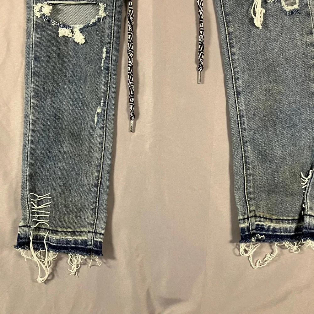 Lifted Anchors Mens 32 Distressed Jeans Customized Tribal Belt LFOD Blue Denim